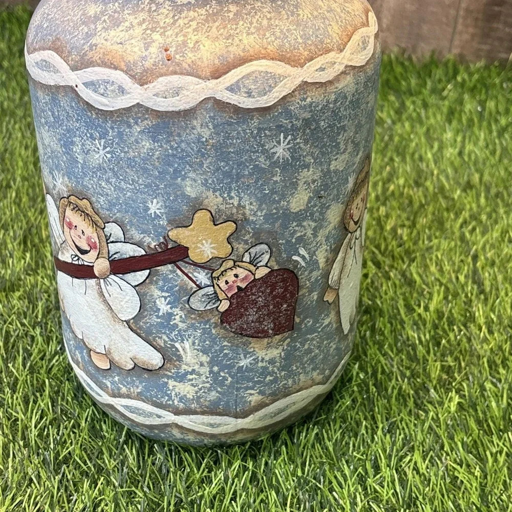Handmade Folk Art Angel Lamp Rustic Painted Jar Christmas Decor